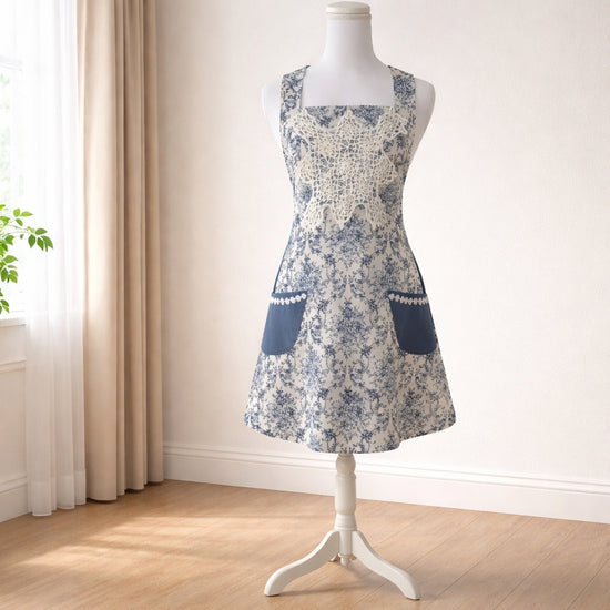 Adult size apron made with a blue and white floral print and an accent of a vintage doily