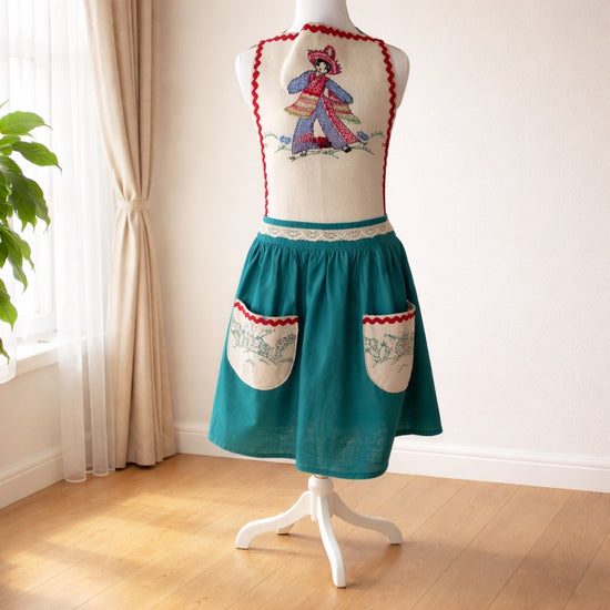 Adult apron made with vintage hand embroidered table linen and paired with a lovely teal fabric