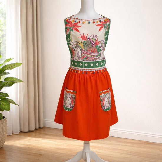 Adult size apron made from vintage table linens and paired with bright orange fabric