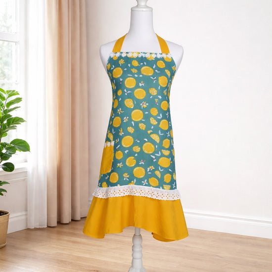 Adult apron made with fun yellow lemon fabric and trimmed in white lace