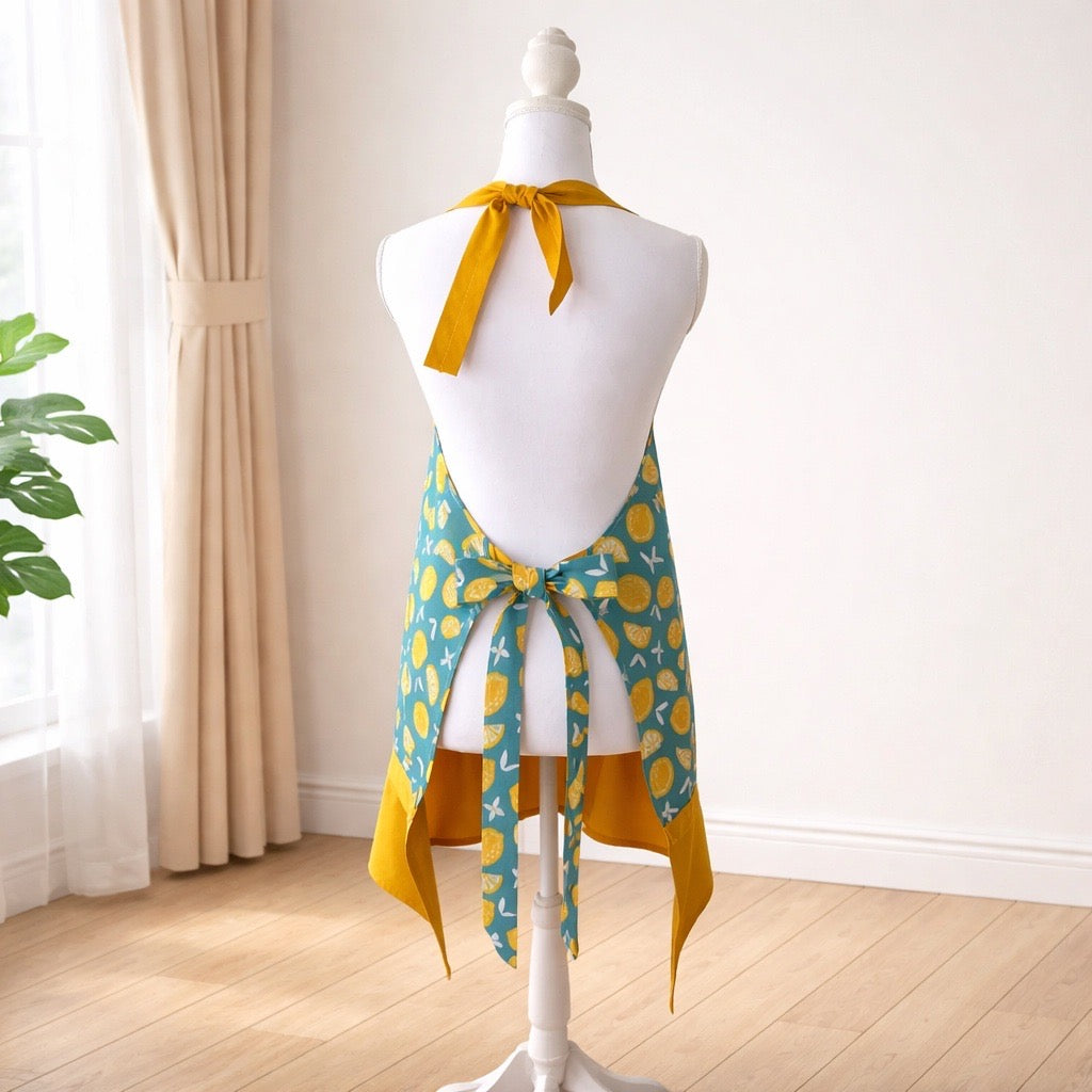 Adult apron made with a fun lemon print fabric and trimmed with yellow rick rack