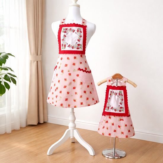 Adult apron made from a fun abstract rose fabric and trimmed with red rick rack