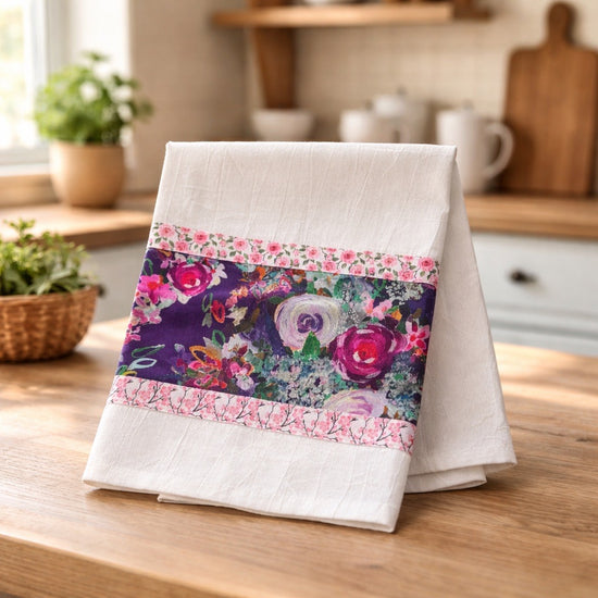 Flour sack kitchen towel purple floral accents