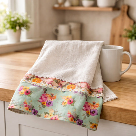 Flour sack kitchen towel with fun floral accents