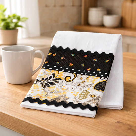 Flour sack kitchen towel with bee accents