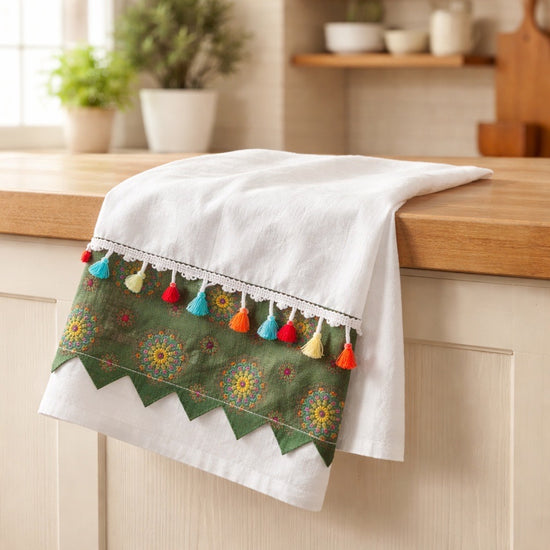 Flour sack kitchen towel with boho accents