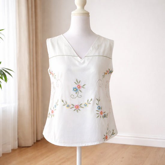 Sleeveless top made from vintage table linens